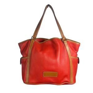 Dooney & Bourke Red Pebbled Leather Tote Bag with Tan Trim Shoulder Purse